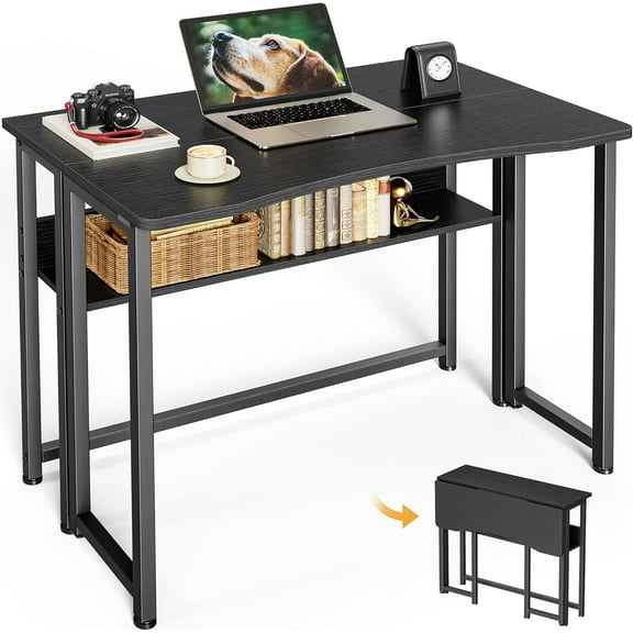 Folding Desk with Storage Shelf, 31.5 Inch Foldable Computer Table for Small Spaces, Space Saving Sofa Table for Couch, Writing Work Office Computer Desk, Easy to Fold, Black