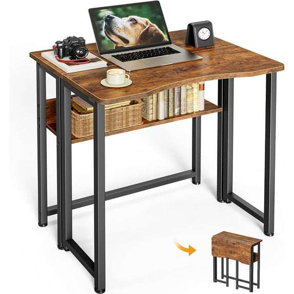 Folding Desk with Storage Shelf, Foldable Computer Table for Small Spaces, Space Saving Sofa Table for Couch, Writing Work Office Computer Desk, Easy to Fold