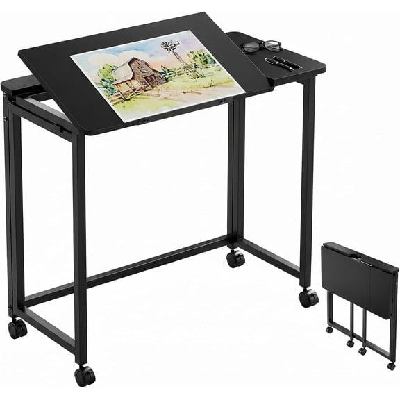 31.5 Inch Adjustable Tilt Folding Drafting Table with Wheels, Portable Rolling Foldable Desk for Small Space Home Office Drawing Craft Workstation