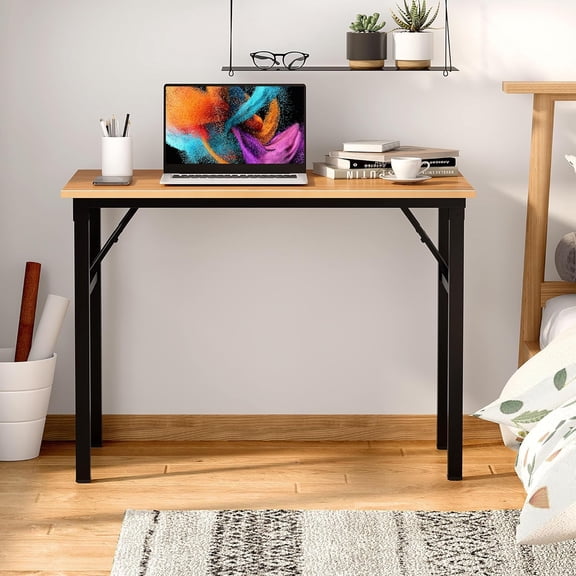 Folding Desk for Home Office 39-3/8'' Length Modern Folding Table Computer Desk No Install ed Teak Color Desktop Black Frame, AC5BB(10060)