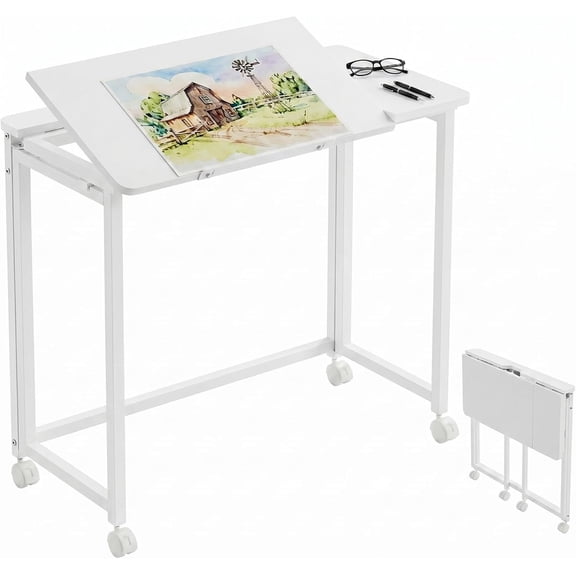 Folding Desk with Adjustable Tilt Tabletop, 31.5 in Rolling Desk with Wheels, Portable Small Desk for Small Spaces, Drafting Table for Drawing, White