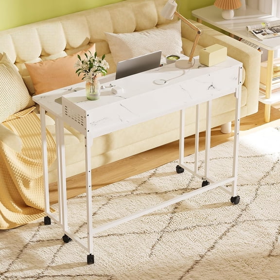 Folding Desk with Storage Shelf, Mobile Couch Desk Sofa Side Table Bed for Home Office Small Space, White Marble, 31.5