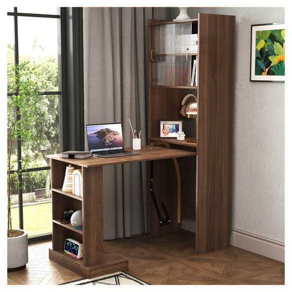 Folding Desk with Storage, Space-Saving Foldable Computer Desk for Small Spaces, Writing Study Table for Home Office, Bedroom, Dorm, Apartment