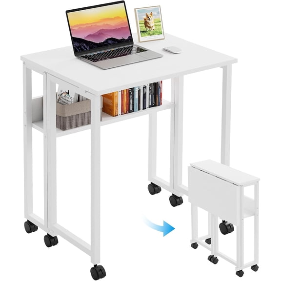Folding Desk with Wheels, 31.5" Rolling Table for Small Spaces