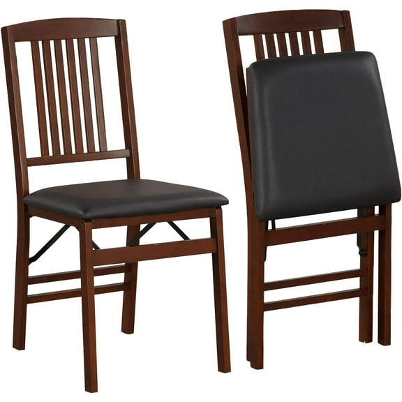 Folding Dining Chairs Set of 2, Solid Wood Frame, Foldable Wood Kitchen Chairs with Padded Seat, Max Load 400 Lbs, No Assembly, Armless Side Chairs for Apartment Dining Room, Brown & Black