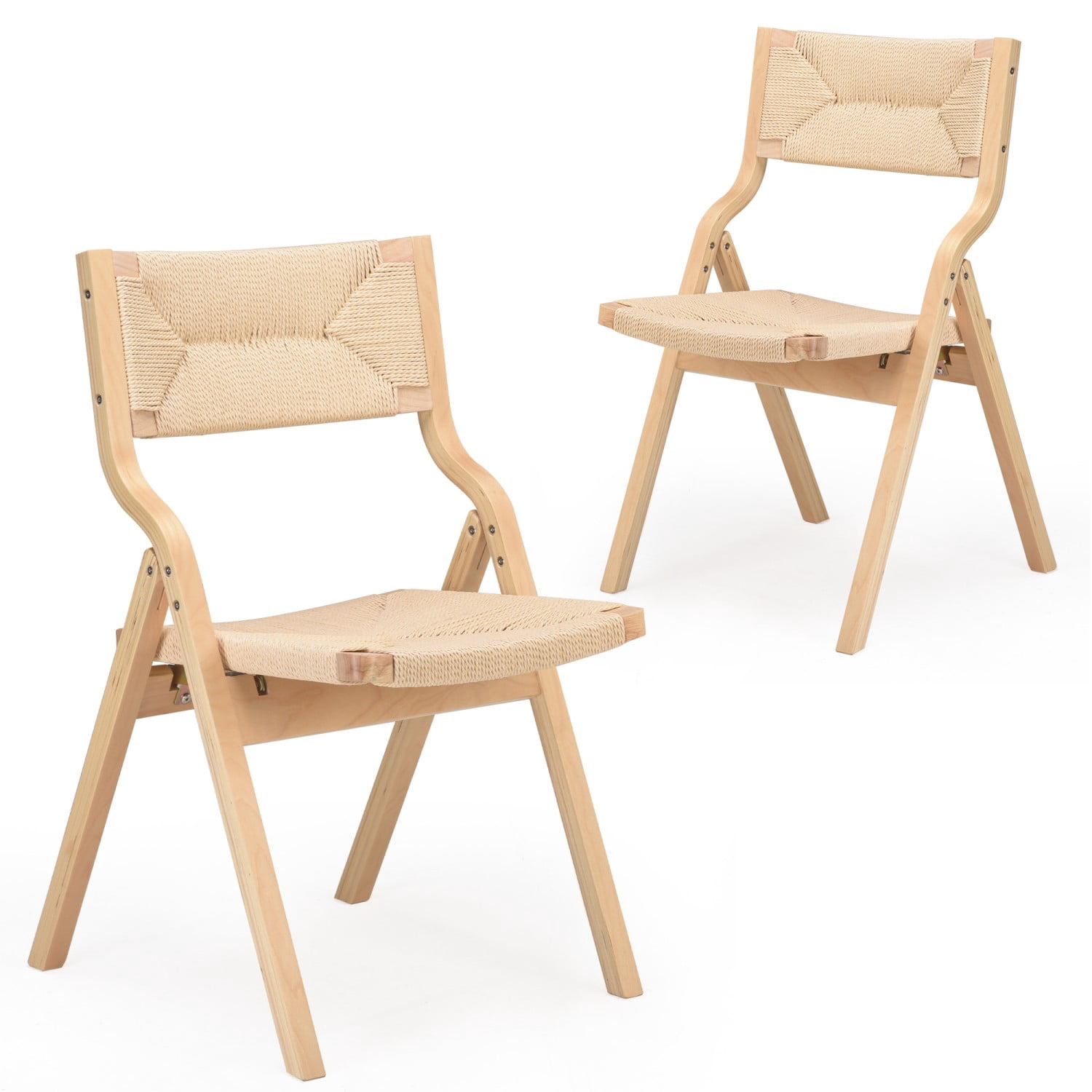 Folding Dining Chairs Set of 2, Wooden Foldable Chairs with Woven Seat & Webbing Back, Space-Saving Kitchen & Dining Room Chairs, Natural