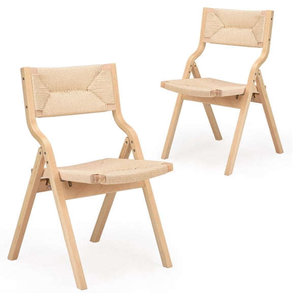 Folding Dining Chairs Set of 2, Wooden Foldable Chairs with Woven Seat & Webbing Back, Space-Saving Kitchen & Dining Room Chairs, Natural