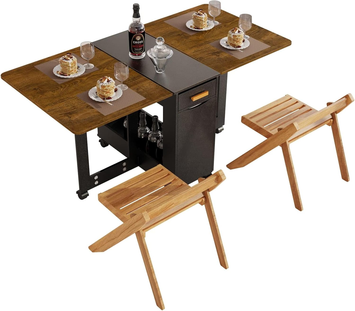 Folding Dining Table with 2 Chairs, Drop Leaf Table with Storage Rack Space Saving Dining Table ...