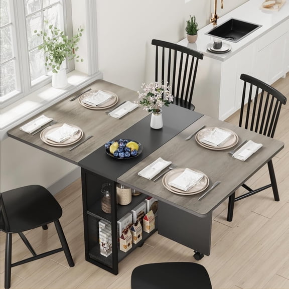 Folding Dining Table with 2 Tier Storage, 50" Space Saving Extendable Drop Leaf Farmhouse Kitchen Table with Wheels, Collapsible Expandable Rectangle Table for Small Spaces, Gray