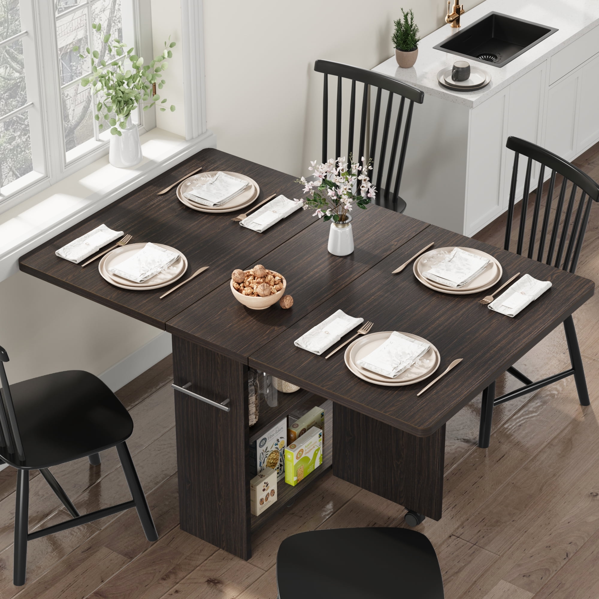 Folding Dining Table with 2 Tier Storage Extendable Kitchen Table Drop Leaf Table Rectangle Dining Room Tables Set for 4 Space Saving Collapsible Expandable Dinner Kitchen Office Furniture Walmart