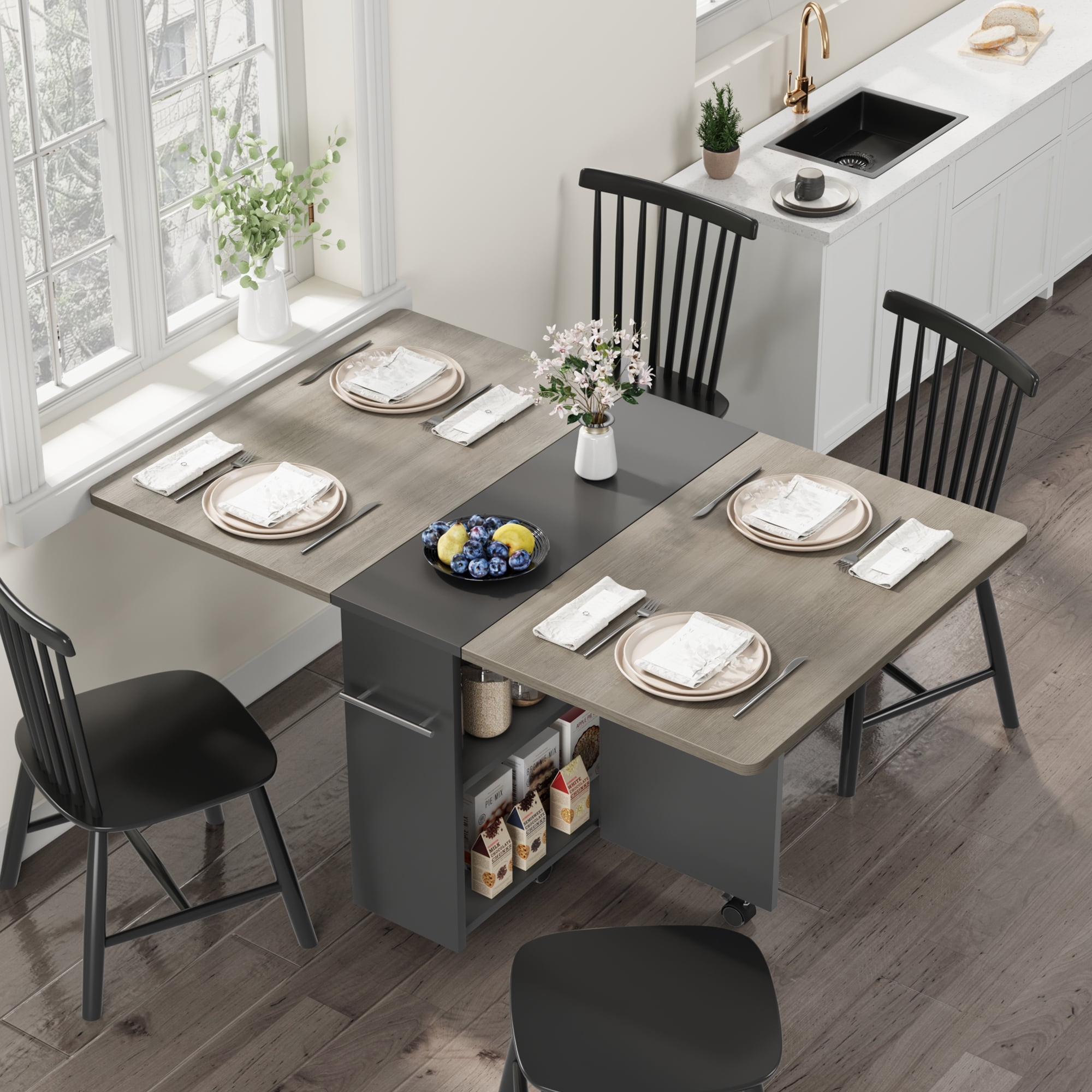 Folding Dining Table with 2 Tier Storage Extendable Kitchen Table Drop Leaf Table Rectangle Dining Room Tables Set for 4 Space Saving Collapsible