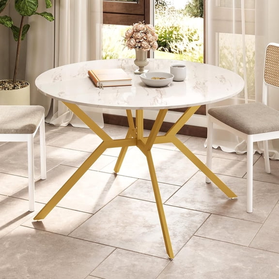Folding Dining Table for 4-6 People, 47 Round Drop Leaf with Metal Frame, Mid- Modern Expandable Kitchen Tables for Small Spaces Dinette Living Room Restaurant White