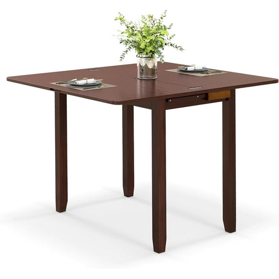 Folding Dining Table for 4, Extendable Kitchen Table w/Hidden Storage & Rubber Wood Frame, Mid-Century Rectangular Table for Small Space, Kitchen, Dining Room, Living Room, Cherry Brown