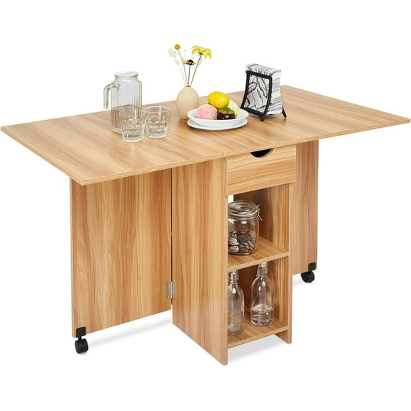 Folding Dining Table, 47.2" x 28.3" Drop Leaf Kitchen Table with 1 Drawer and 2 Open Storage Shelves for Small Space Dining Room Kitchen Rectangular Modern (Red Oak)