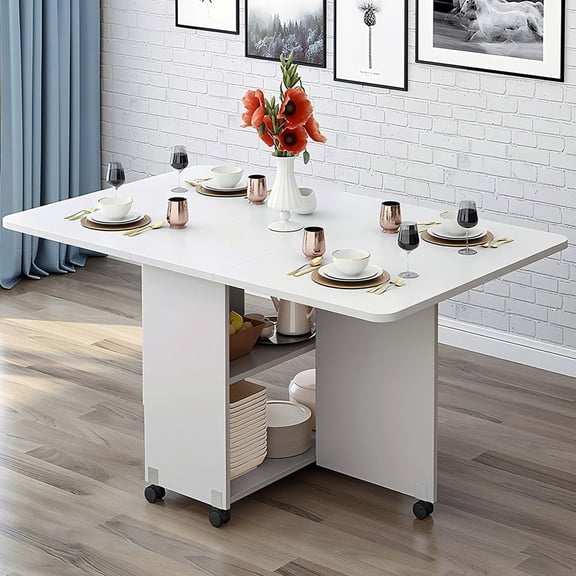 Folding Dining Table with 6 Wheels & 2-Tier Storage Shelf, Space-Saving Drop Leaf Kitchen Table for Small Spaces, Convertible Console Desk for Apartment, White, 47.2"$$Furniture