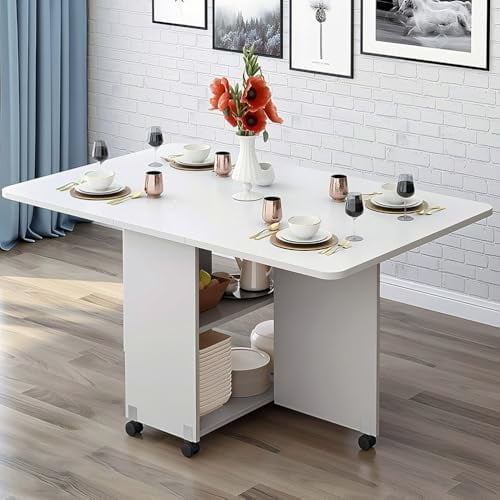 Folding Dining Table with 6 Wheels & 2-Tier Storage Shelf, Space-Saving Drop Leaf Kitchen Table for Small Spaces, Convertible Console Desk for Apartment, White, 47.2"$$Furniture