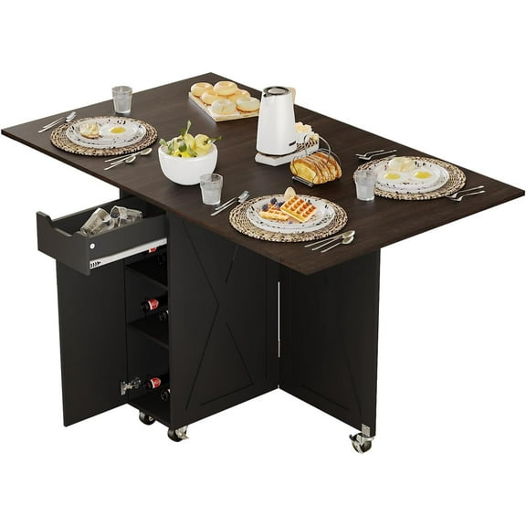 Folding Dining Table with 6 Wheels, Drop Leaf Tables for Small Spaces, Foldable Dining Table with 2-Layer Storage Rack, Kitchen Table with Drawer (Brown Wood and Black)