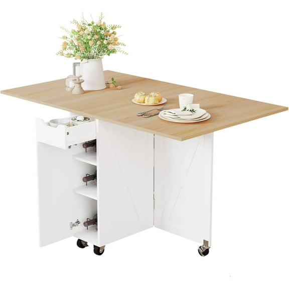 Folding Dining Table with 6 Wheels, Drop Leaf Tables for Small Spaces, Foldable Dining Table with 2-Layer Storage Rack, Kitchen Table with Drawer (Oak)