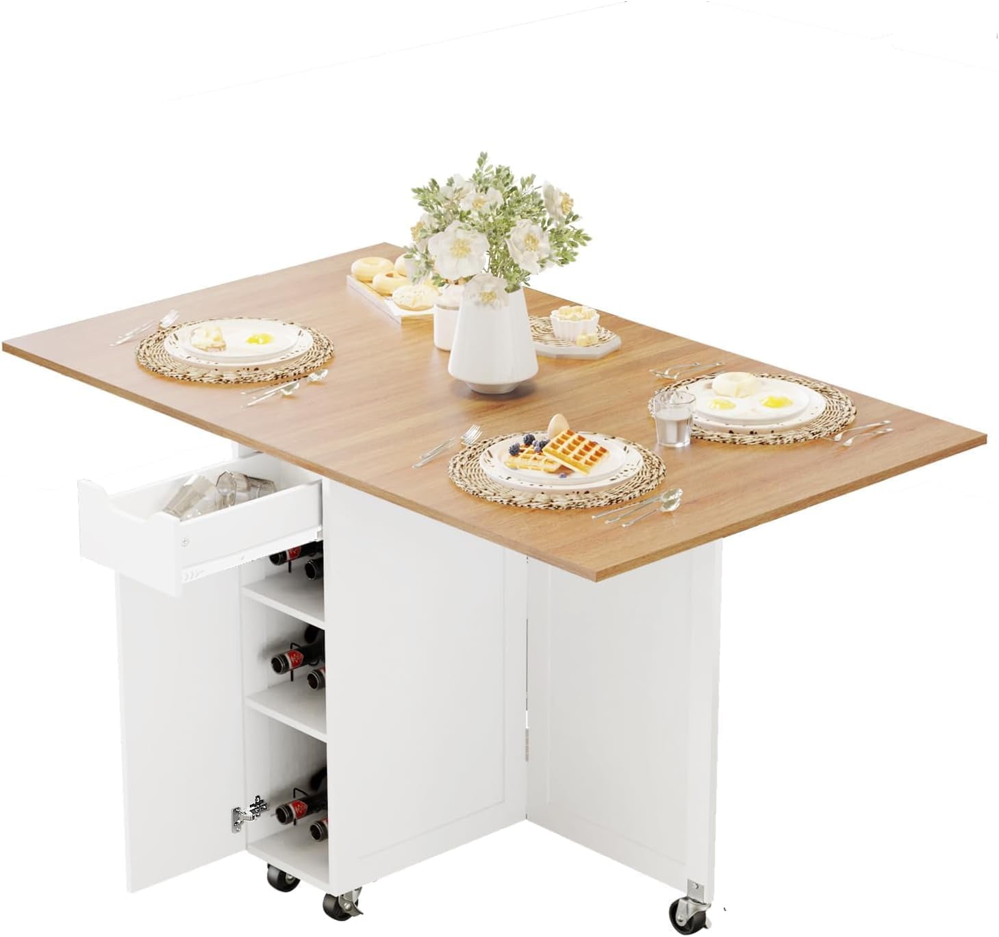 Folding Dining Table with 6 Wheels, Drop Leaf Tables for Small Spaces ...