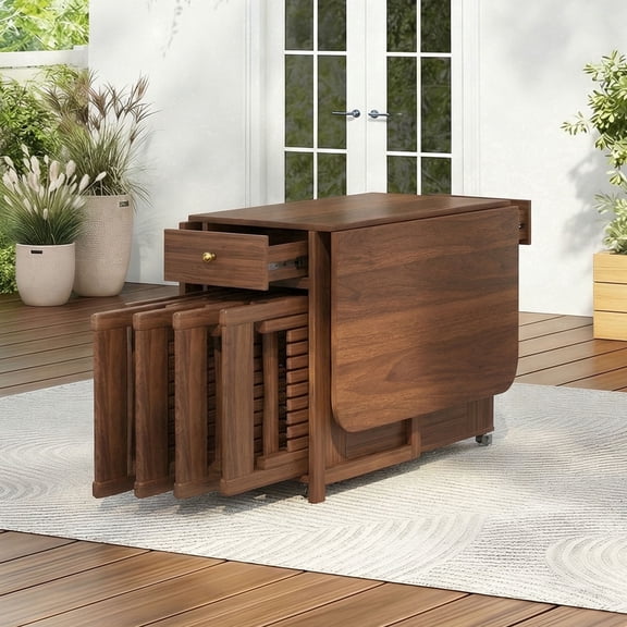 Folding Dining Table and Chairs, Space Saving Drop Leaf Kitchen Table with 4 Chairs and Storage, 51.18" Extendable Small Dining Room Table with Wheels, Fully Assembly Required Solid Wood (Walnut)