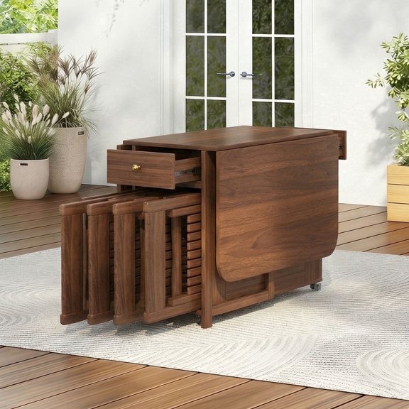 Folding Dining Table and Chairs, Space Saving Drop Leaf Kitchen Table with 4 Chairs and Storage, 59.06" Extendable Small Dining Room Table with Wheels, Fully Assembly Required Solid Wood (Walnut)