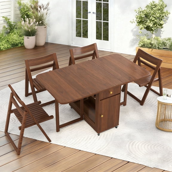 Folding Dining Table and Chairs, Space Saving Drop Leaf Kitchen Table with 8 Chairs and Storage, 51.18" Extendable Small Dining Room Table with Wheels, Fully Assembly Required Solid Wood (Walnut)