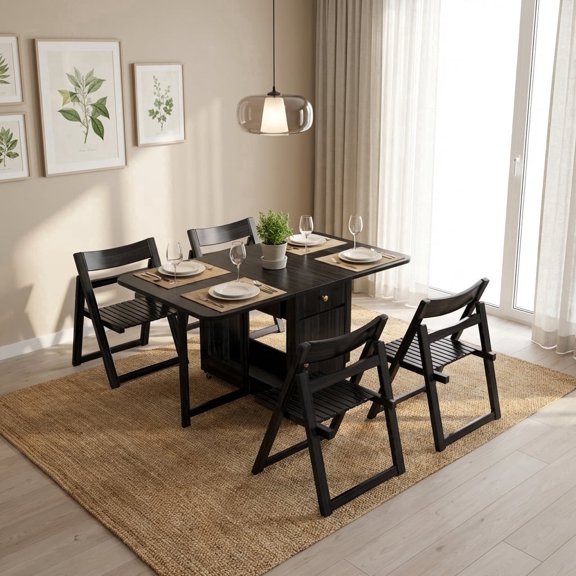 Folding Dining Table and Chairs, Space Saving Drop Leaf Kitchen Table with 8 Chairs and Storage, 59.06" Extendable Small Dining Room Table with Wheels, Fully Assembly Required Solid Wood (Black)