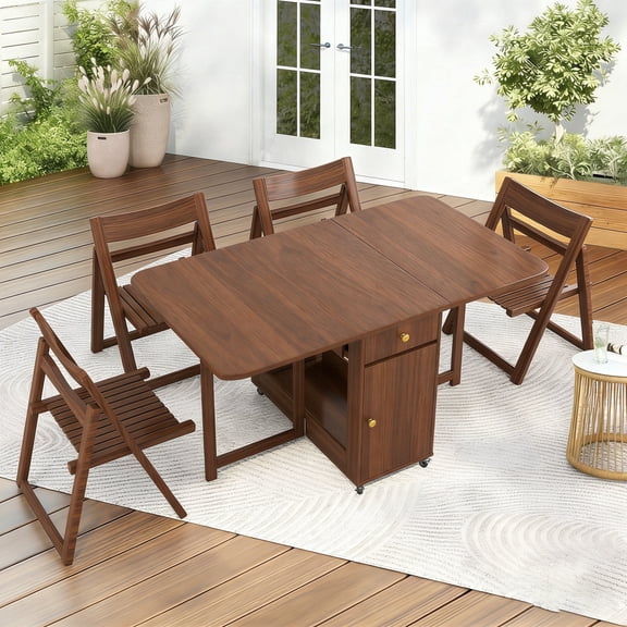 Folding Dining Table and Chairs, Space Saving Drop Leaf Kitchen Table with 8 Chairs and Storage, 59.06" Extendable Small Dining Room Table with Wheels, Fully Assembly Required Solid Wood (Walnut)
