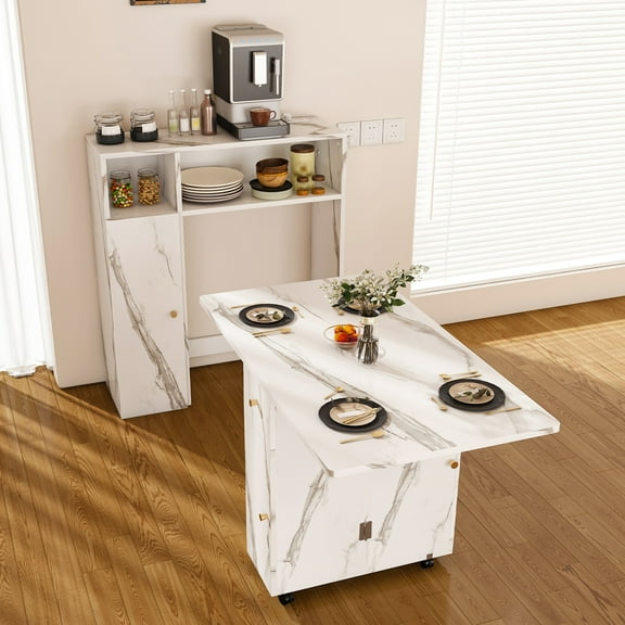 Folding Dining Table with Charging Station and Wall-Mounted Storage, Extendable 4-6 Seater, Space-Saving Drop Leaf Table with Wheels for Small Apartments, White