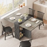 DOMQGA Folding Dining Table, Dining Table Set for 4, Space Saving Versatile Folding Kitchen Dining Table with Wheels & Storage Shelf for Small Apartment, Extendable Dining Room Collapsible Table