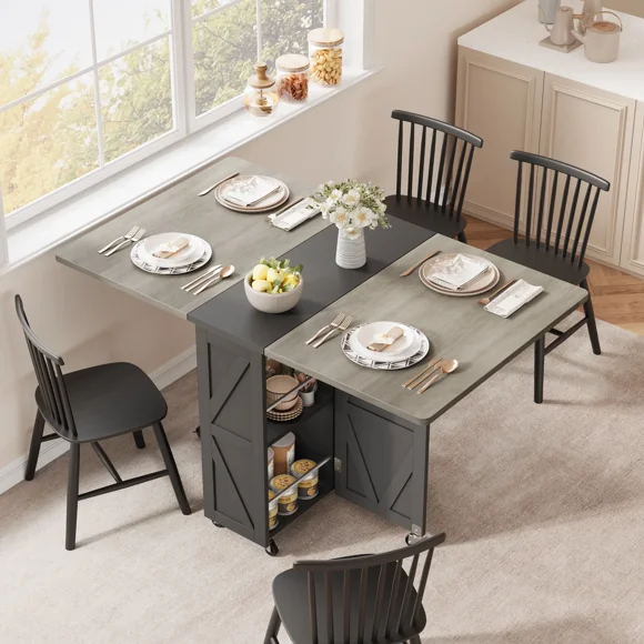 Folding Dining Table, Dining Table Set for 4, Space Saving Versatile Folding Kitchen Dining Table with Wheels & Storage Shelf for Small Apartment, Extendable Dining Room Collapsible Table