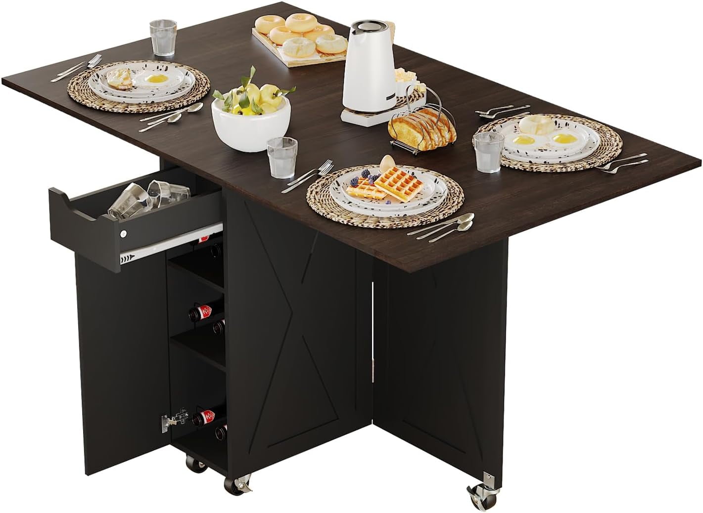 Folding Dining Table, Dinner Table with Drawer and Storage and Shelves ...