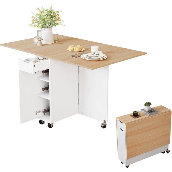 Folding Dining Table, Dinner Table with Drawer and Storage and Shelves, Space Saving Dining Table with 6 Wheels, Kitchen Table for Small Spaces (Light Brown)