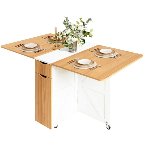 Folding Dining Table, Dinner Table with Shelves, Space Saving Foldable Dining Table with 6 Wheels, Kitchen Table for Small Spaces -White