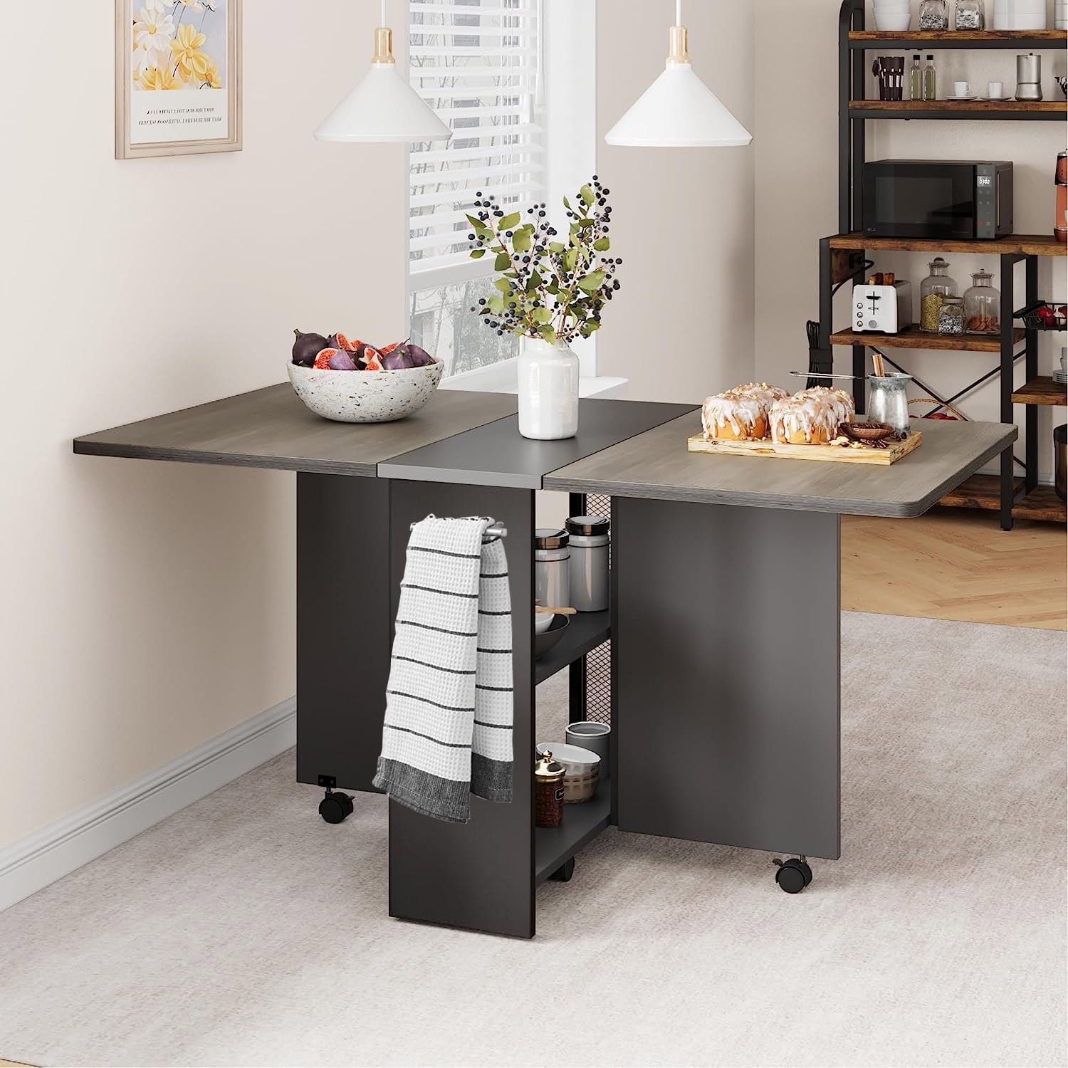 Foldable Dining Table with Wheels, 2-Layer Shelf, Suitable for Small ...