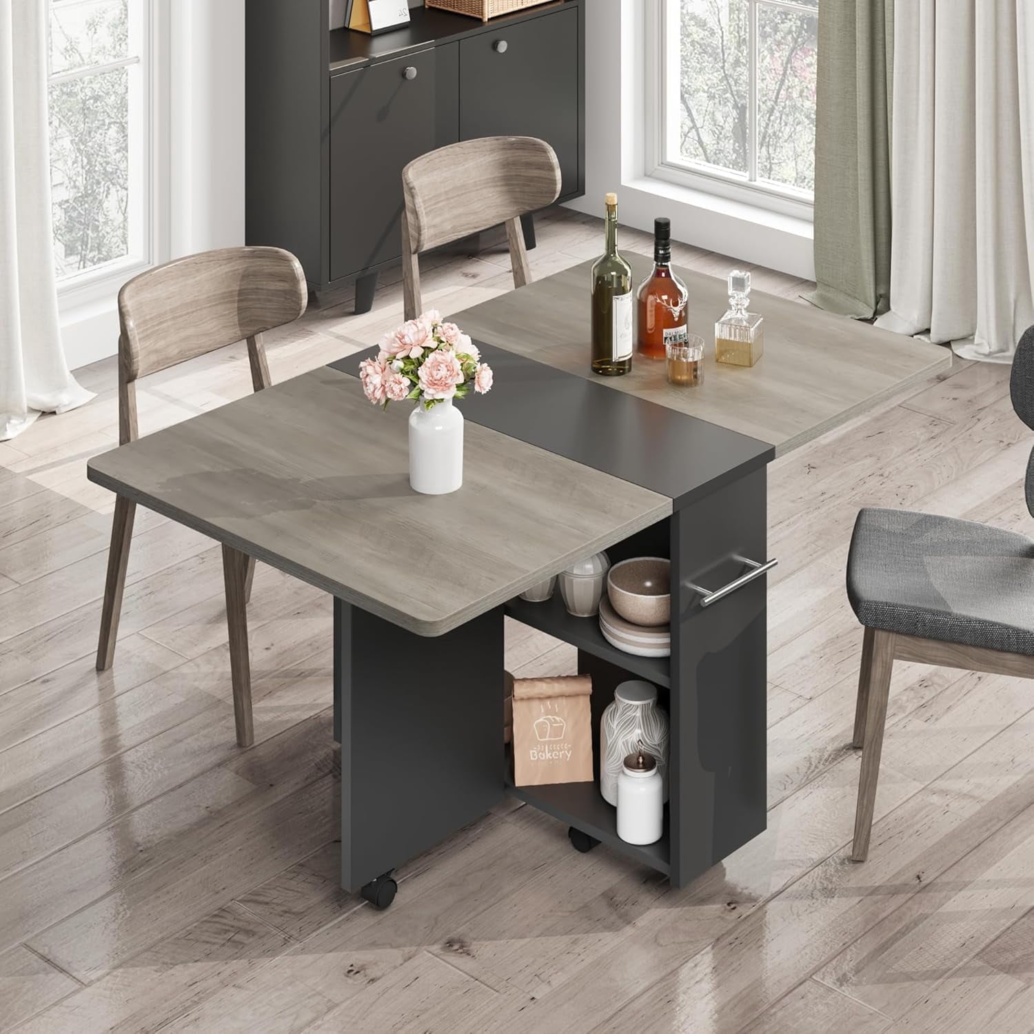 Folding Dining Table, Drop Leaf Dining Table with 6 Wheels and 2-Layer Storage Shelf, Space ...