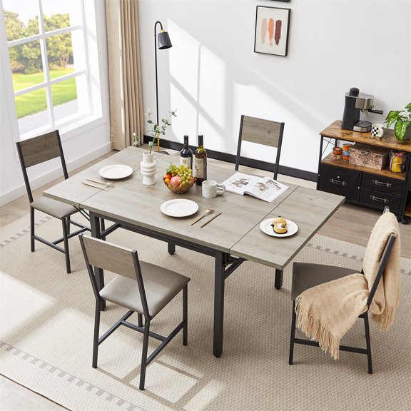 Folding Dining Table, Drop Leaf Dining Table With Extendable Table Surface, Adjustable Feet, Thickened Iron Frame Rectangular Dining Table For Dining Room Kitchen