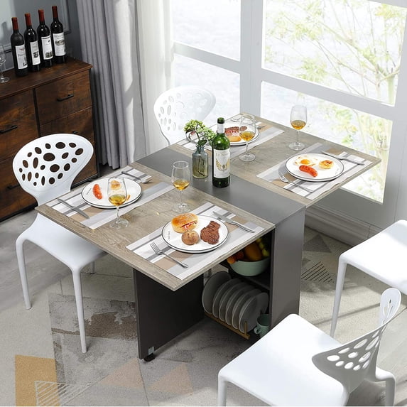 Folding Dining Table Drop Leaf Dining Table with 6 Wheels and 2-Layer Storage Shelf, Space Saving Dining Table for Small Spaces,Gray