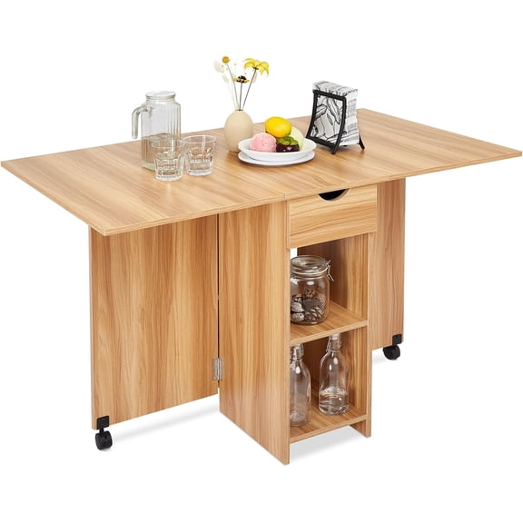 Folding Dining Table, Drop Leaf Table for Small Space with Drawer and Open Storage Shelves, Modern Rectangular Kitchen Dining Table, 47.2" L x 28.3" W (Red Oak)
