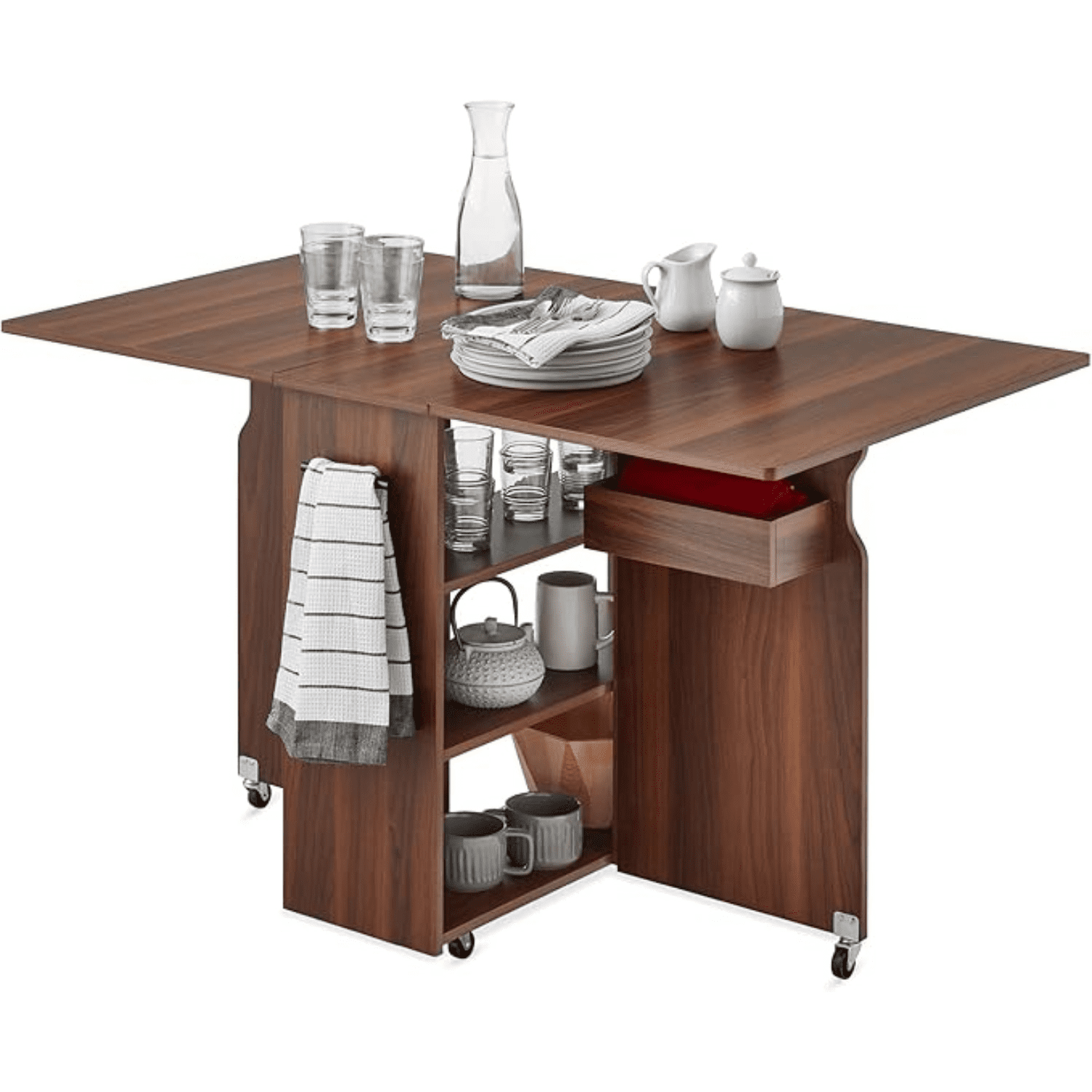 Brown Multipurpose Folding Table with Wheels and Storage Shelves