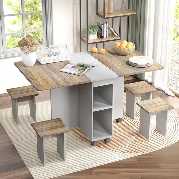 Folding Dining Table Set for 4 with Chairs, Extendable Dinner Table with Storage and 6 Wheels, Space Saving Drop Leaf Wood Kitchen Dining Room Table for Small Apartment