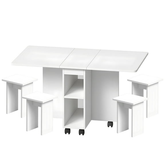 Folding Dining Table Set 4 Chairs, Space Saving with Storage & Wheels, White