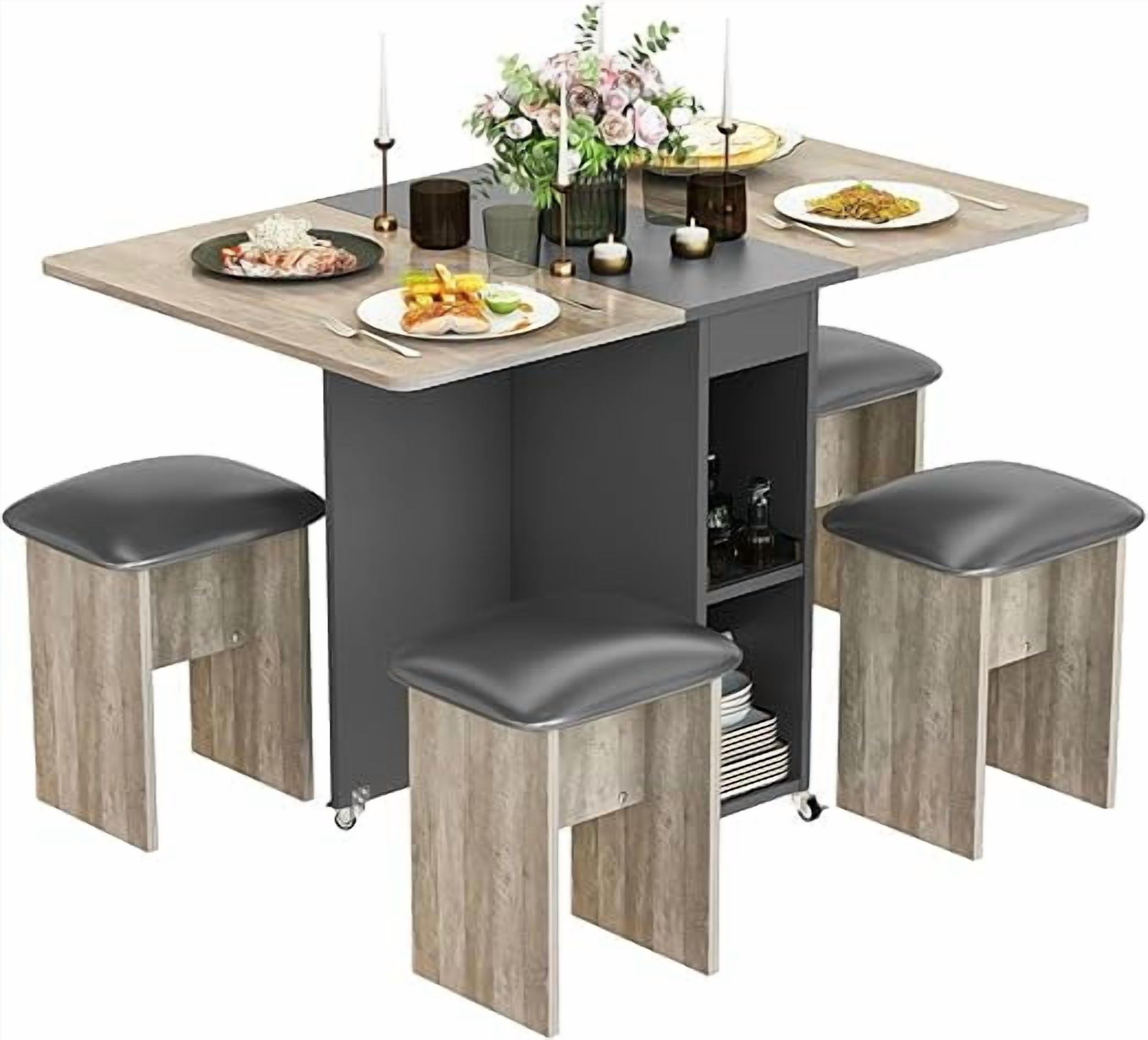 Folding Dining Table Set for 4, Dinner Table with 4 Leather Chairs and ...