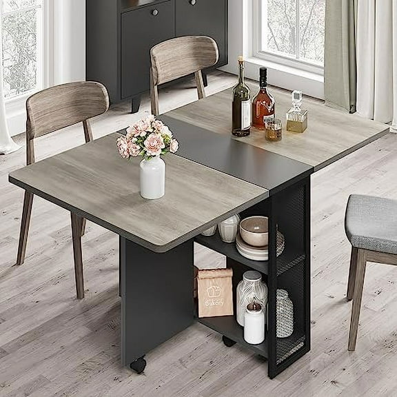 Folding Dining Table with Storage Racks, Drop Leaf Table w/Wheels, Space Saving,  Multifunction Expandable Dining Table with 2 Storage Shelves for Kitchen, Living Room