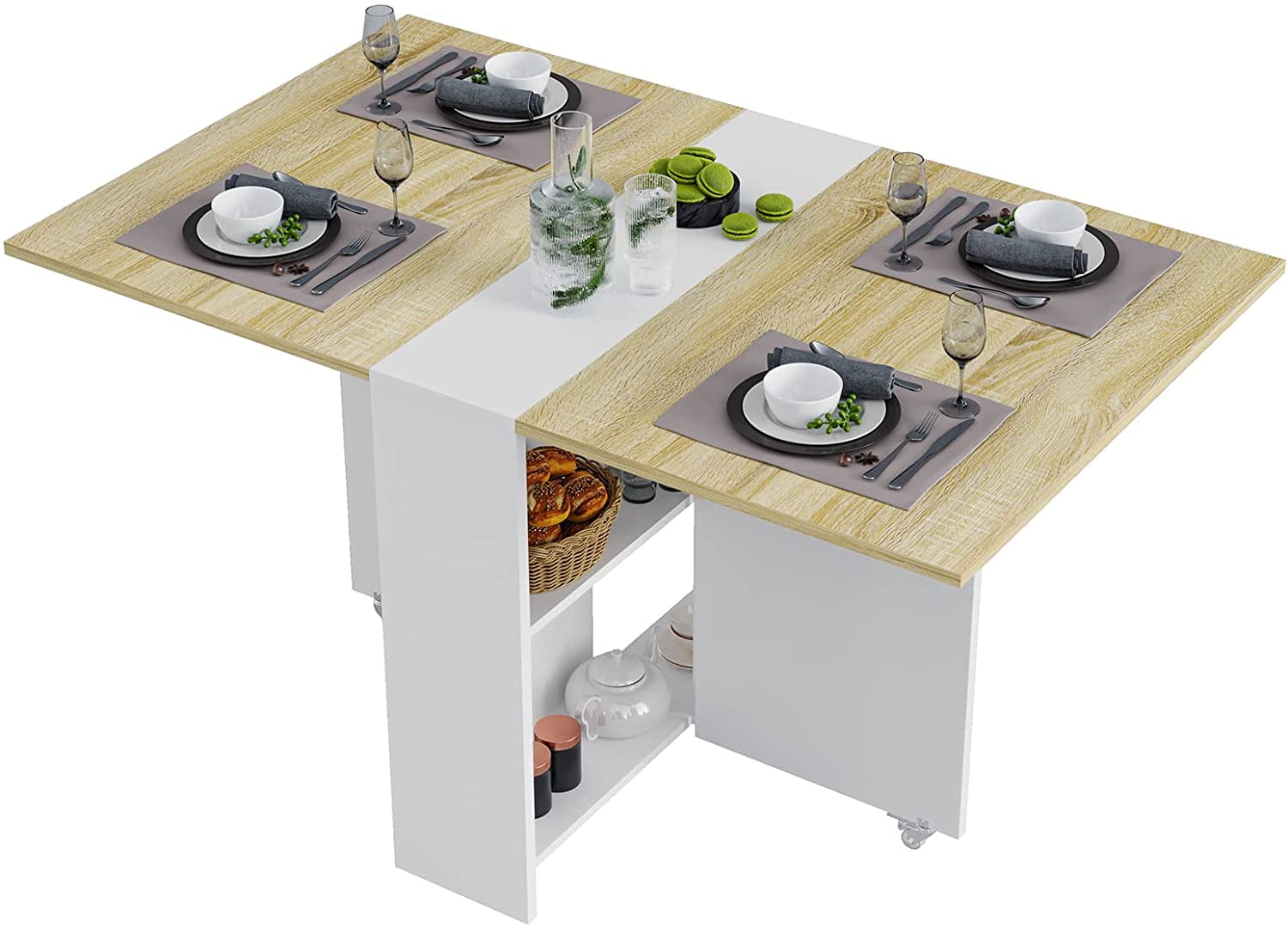 Pear Wood and White Folding Dining Table with Storage Shelves