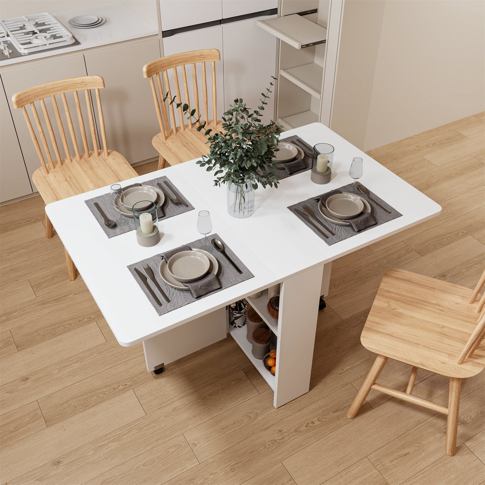 Folding Dining Table, Versatile Dinner Table with 6 Wheels and 2-Layer ...