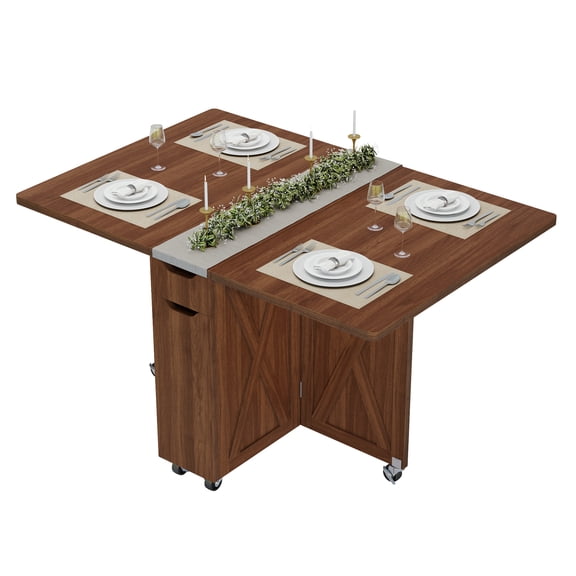 Folding Dining Table, Versatile Foldable Kitchen Dinner Table with Drawer 2 Storage Racks and 6 Wheels, Collapsible Extendable Rectangle Dining Table for Small Spaces