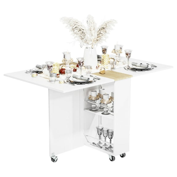 Folding Dining Table, Versatile Foldable Kitchen Dinner Table with Drawer 2 Storage Racks and 6 Wheels, Collapsible Extendable Rectangle Dining Table for Small Spaces