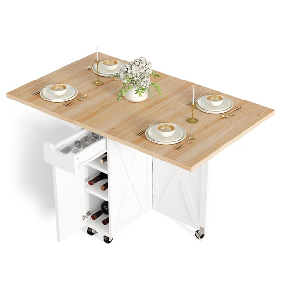 Folding Dining Table, Versatile Foldable Kitchen Dinner Table with Drawer 2 Storage Racks and 6 Wheels, Collapsible Extendable Rectangle Dining Table for Small Spaces