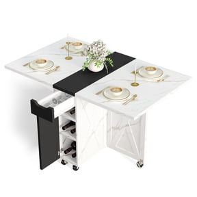 Folding Dining Table, Versatile Foldable Kitchen Dinner Table with Drawer 2 Storage Racks and 6 Wheels, Collapsible Extendable Rectangle Dining Table for Small Spaces